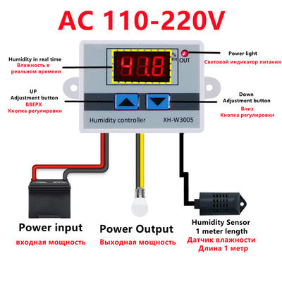 XH-W3005 DC 12V-220V 10A Digital Humidity Controller 0-99 RH Range Monitoring System