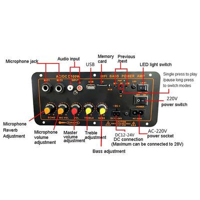 D100W Bluetooth 5.0 Power Amplifier Board AC 220V DC 12-24V 5V Wireless Module For 8-12 Inch