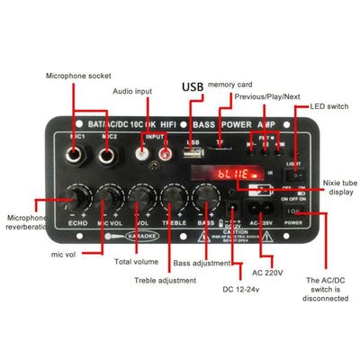 24V/220V Car Amplifier Mono Audio Amplifier with 120W Power Dual Microphone and Bluetooth for Subwoofer and Karaoke