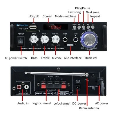Wireless BT 2.0Stereo Audio Amplifier LDZS AV-298BT for Car Amplificadores and KTV Home