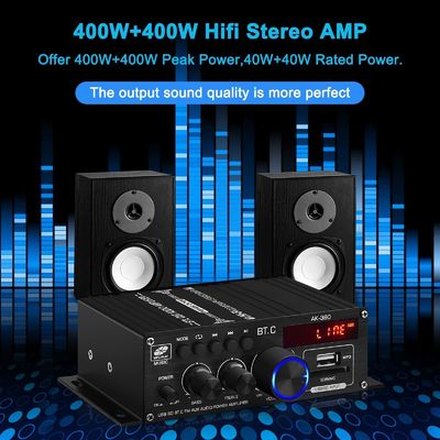 AK-380 USB SD Audio Power Amplifier 400W 2.0 CH HiFi Stereo AMP Speaker Bluetooth 5.0 Amp Receiver with Remote Control for Home