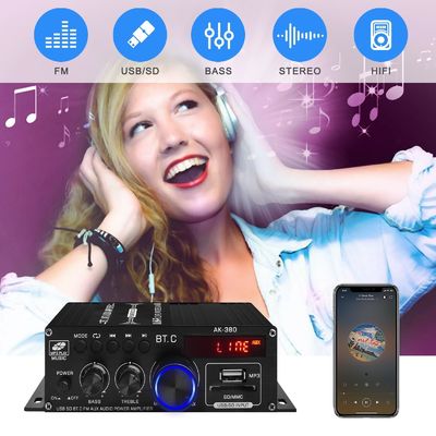 AK-380 USB SD Audio Power Amplifier 400W 2.0 CH HiFi Stereo AMP Speaker Bluetooth 5.0 Amp Receiver with Remote Control for Home
