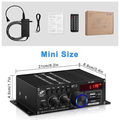 AK-380 USB SD Audio Power Amplifier 400W 2.0 CH HiFi Stereo AMP Speaker Bluetooth 5.0 Amp Receiver with Remote Control for Home