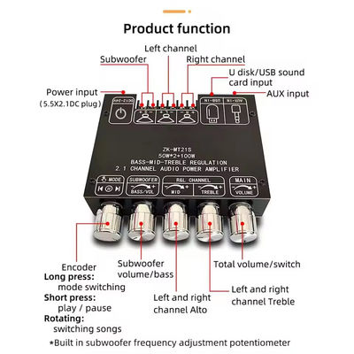 2.1 Channel Subwoofer AUX 12V 24V Audio Stereo 5.1 Bass Digital Power Amplifier Board ZK-MT21S 2x50W 100W for DC Adapter