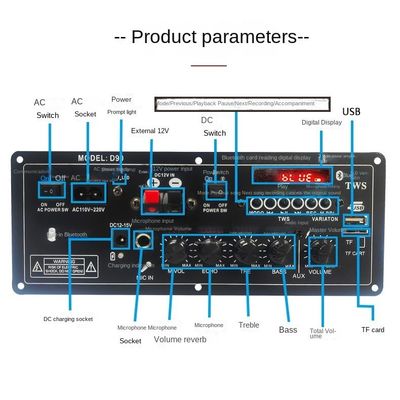 Rechargeable Trolley Stereo Car Subwoofer Audio Power Amplifier PCB Board 2.0 Channel 12V with Private Mold Design