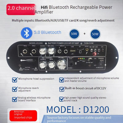 D1200 2.0 Channel 50W+50W BT Digital Amplifier Board 12V Rechargeable for Car Home DJ Use
