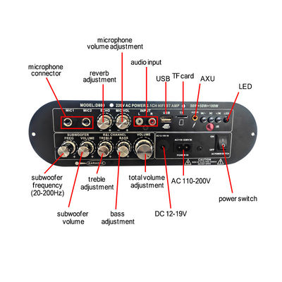 D800 Professional 2.0 Channel Bluetooth Digital Amplifier Board 12V Rechargeable High Power for DJ/Karaoke
