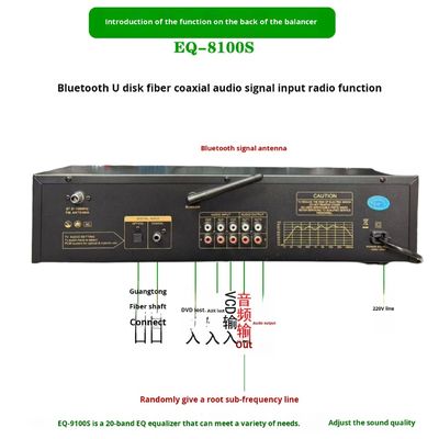 EQ-8100 Professional Hi-Fi Preamp Player BT 5.4 Optical Coaxial Digital Audio Decoder 20 Segment Equalizer Fiber Optic Equipment
