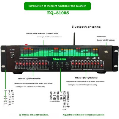 EQ-8100 Professional Hi-Fi Preamp Player BT 5.4 Optical Coaxial Digital Audio Decoder 20 Segment Equalizer Fiber Optic Equipment