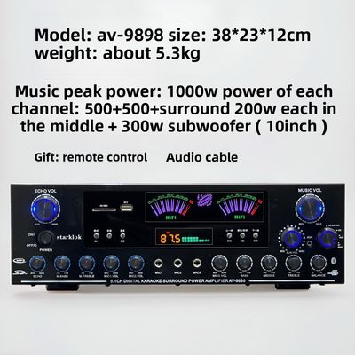 AV-9898 Cannon Home Audio Receiver Home Amplifier 5.1 CH 500W*2+200W Surround+300W Subwoofer Durable Metal Independent Passive
