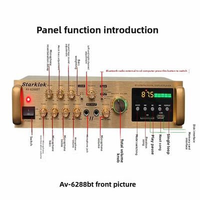 AV-6288BT 1000W 2*500W High Fidelity Karaoke Amplifier Dual-Use 12V/220V AC/DC BT Wireless Plastic Material