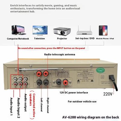 AV-6288BT 1000W 2*500W High Fidelity Karaoke Amplifier Dual-Use 12V/220V AC/DC BT Wireless Plastic Material