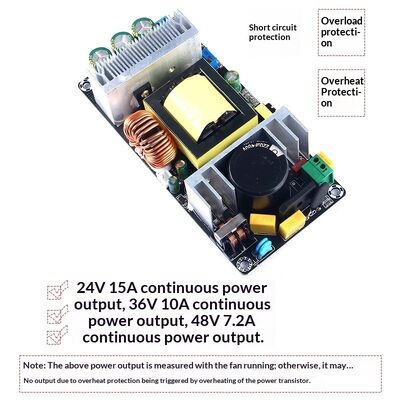 220V to 24V/36V/48V 10A Adjustable AC-DC Switching Power Supply 350W High-Power Module with Fan and Overtemperature Protection