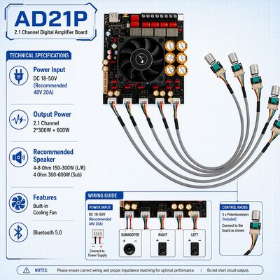 AD21P Qualc BT Wireless 2.1 Channel Class D Power Amplifier Board TPA3255 300Wx2+600W for Home Theater Subwoofer OEM