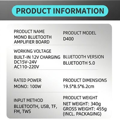 100W Home Car DIY BT Subwoofer Amplifier Mono Board Patented Support External Battery With Crossovers Equalizers D400