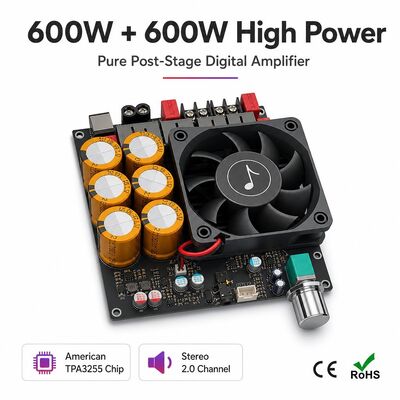 600W+600W Dual TPA3255 Amplifier Board Fan Cooling Class D Stereo Amplifier Board DC18-50V